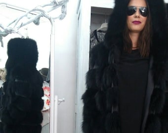 HOODED BLACK FOX Furcoat!Order Any Color!Brand New Real Natural Genuine Fur!
