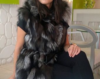 HOODED Dark Silver Fox Fur Vest!Brand New Real Natural Genuine Fur