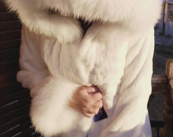 HOODED WHITE RABBIT Sheared Fur Coat with Fox!Brand New Real Natural Genuine Fur!