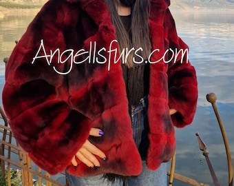 REX FUR OVERSIZE Fullpelt Jacket in Bordeaux Red color!Order Any color!Brand New Real Natural Genuine Fur!