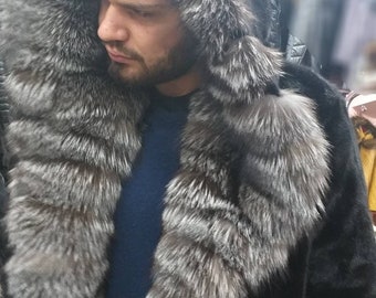 MEN'S MINK FUR Jacket with Big Silver Fox Hooded collar!Brand New Real Natural Genuine Fur!