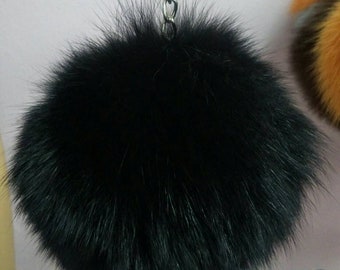 THREE BLACK FOX Pom-Keychain!Brand New Real Natural Genuine Fur!
