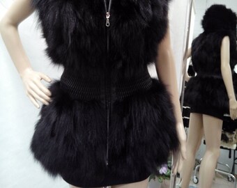 NEW! Natural,Real Black Fox Hooded Fur Vest! New model!