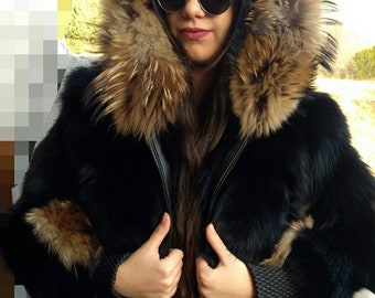 HOODED FOX BOMBER!Brand New Real Natural Genuine Fur!