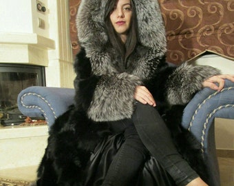 FULL LENGTH FOX Coat!Silver Fullpelts Fox Hood!Brand New Real Natural Genuine Fur!