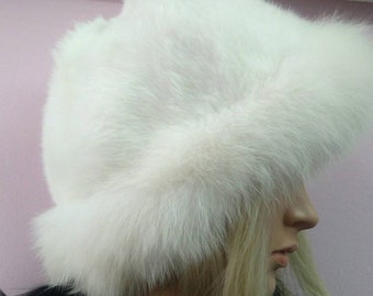 WHITE RABBIT Fur HAT with fox trim!Brand New Real Natural Genuine Fur!