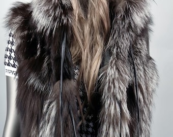 SALE!Long SILVER FOX Fur Vest!Brand New Real Natural Genuine Fur