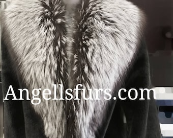 MEN'S New Real Natural Black Full pelts Fur coat with Silver Fox!