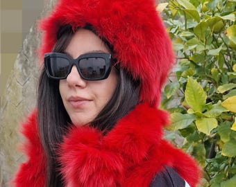 RED Colored FOX HAT,one size!Brand New Real Natural Genuine Fur!