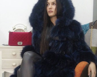 Hooded Long Fox Fur Coat!Brand New Real Natural Genuine Fur