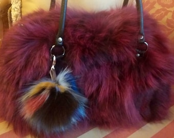 BORDEAUX color Fox Fur Bowling Bag!Brand New Real Natural Genuine Fur!