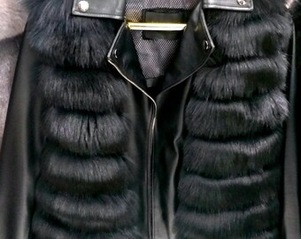 Men's Black Fox Fur and Leather jacket!Brand New Real Natural Genuine Fur
