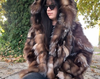 HOODED CRYSTAL FOX Fur coat!Brand New Real Natural Genuine Fur!