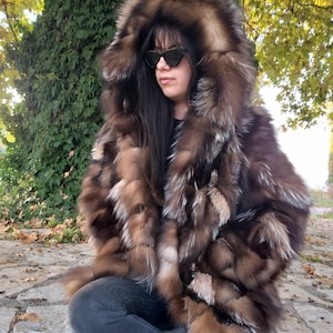 HOODED CRYSTAL FOX Fur coat!Brand New Real Natural Genuine Fur!