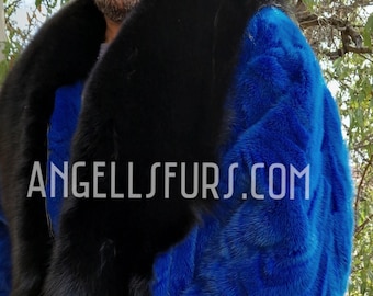 MEN'S MINK FUR Fly Jacket with Long Fox Collar!Brand New Real Natural Genuine Fur!