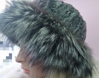 ASTRAKHAN and Silver Fox Fur HAT!Brand New Real Natural Genuine Fur