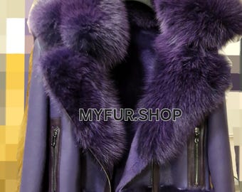 SHORT PURPLE SHEEPSKIN with Detachable Hood Short Jacket!Brand New Real Natural Genuine Fur