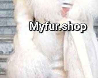WHITE Full length RABBIT Fur Coat with Mongolian Sheep Trims!Brand New Real Natural Genuine Fur!