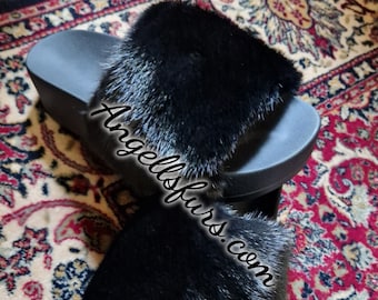 BLACK MINK Fur FLATFORMS!Order Any color!Brand New Real Natural Genuine Fur!