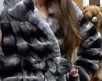 REX FULLPELTS HOODED Coat in Beautiful chinchila color!Brand New Real Natural Genuine Fur!