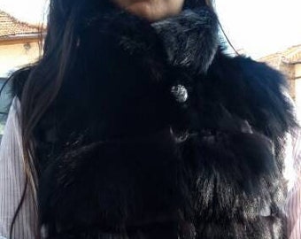 Black Fox Fur Vest with leather! Brand New Real Natural Genuine Fur