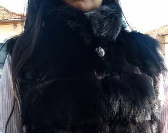 NEW! Natural,Real Black Fox Fur Vest with leather stripes