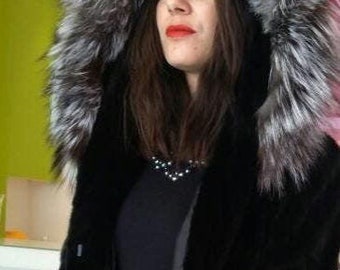 HOODED MINK Fur Coat with Silver Fox!Brand New Real Natural Genuine Fur