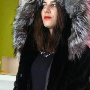 HOODED MINK Fur Coat with Silver Fox!Brand New Real Natural Genuine Fur