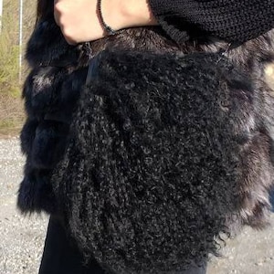 BLACK Mongolian sheep FUR BAG!Brand New Real Natural Genuine Fur!