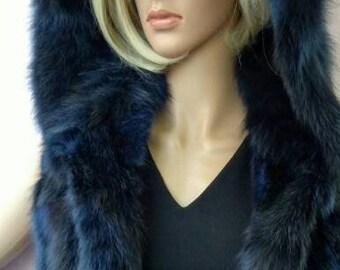 HOODED BLUE color FOX Vest!Brand New Real Natural Genuine Fur!