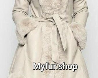 LEATHER Coat with REX Fur Trims!Brand New Real Natural Genuine Fur!