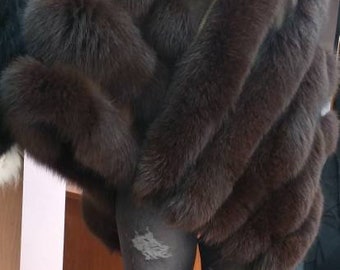 FOX FUR PONCHO!One Size Sleeveless Brown Fullpelt Fur cape!Brand New Real Natural Genuine Fur!