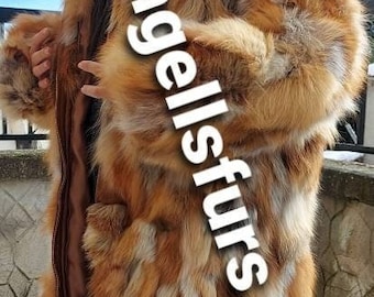 LONG RED FOX Fur Coat!Hooded!Brand New Real Natural Genuine Fur!