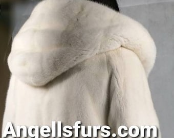 New!Natural Real Superior Quality FULLSKINS Light Pearl Hooded MINK Fur Coat!