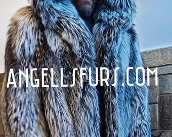 MEN'S FULL LENGTH Silver Fox Hooded Fullpelts Fur Coat!Brand New Real Natural Genuine Fur,Order Any color!