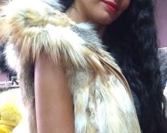 RED FOX HOODED Vest!Brand New Real Natural Genuine Fur!
