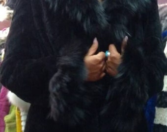 BLACK Mink Fur Coat with Fox collar!Brand New Real Natural Genuine Fur