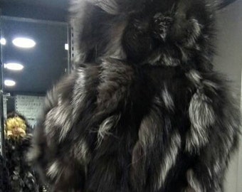 DETACHABLE SLEEVES!New,Natural Real Dark SILVER fox Hooded Fur Coat-Vest!