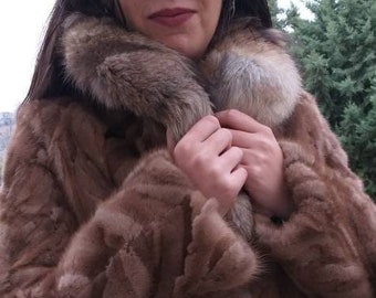 MINK Fur Jacket with Fox Collar!Brand New Real Natural Genuine Fur!