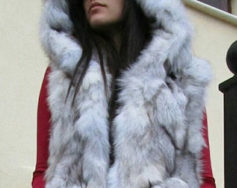 BLUE FOX HOODED Long Vest! Brand New Real Natural Genuine Fur!