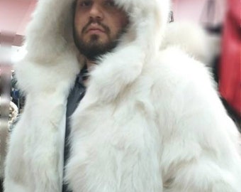 MEN'S WHITE FOX Long Hooded Fur Coat!Brand New Real Natural Genuine Fur!