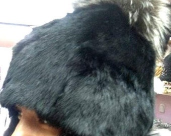 Rabbit Fur Black cap with silver Fox pompon on the top!
