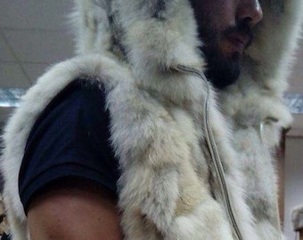 MEN'S HOODED FOX Vest!Brand New Real Natural Genuine Fur!