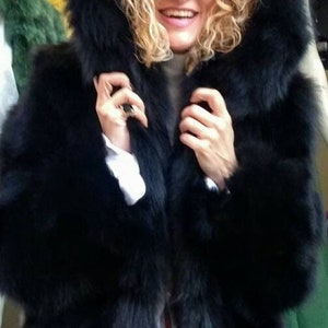 BLACK FOX FUR Hooded Coat!Brand New Real Natural Genuine Fur