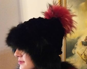 New!Modern One size Real fur sheared Rabbit Black cap with black Fox trim and red colored Raccoon pom on the top!