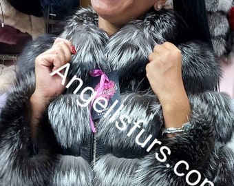 SILVER FOX JACKET!Brand New Real Natural Genuine Fur!