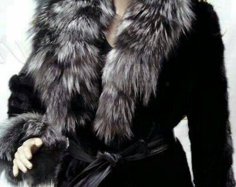 MINK Fur coat with SILVER FOX collar and cuffs!