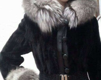 MINK Fur with Silver FOX HOOD!Brand New Real Natural Genuine Fur!