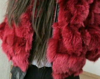 Amazing NEW Bomber style!Natural Real Fox Fur jacket in Burgundy color!