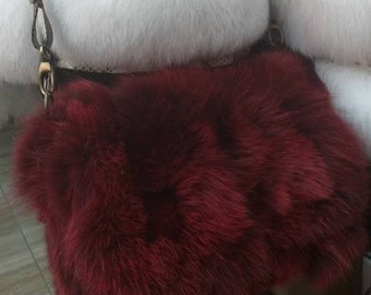 BORDEAUX color Fox Fur Bag!Brand New Real Natural Genuine Fur!